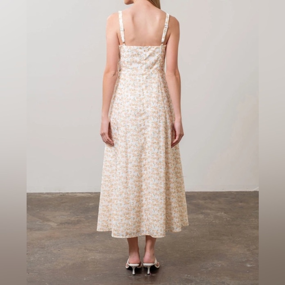 Moon River Cream Yellow Floral Print Lace Corset Midi Dress Small Brunch Girly - Picture 5 of 15